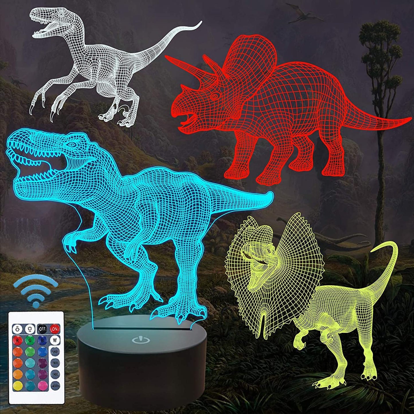 Dinosaur 3D Hologram Illusion Bedside Lamp with Remote Control, 16 Color Changing and Dimmable Features - Ideal Gift for Boys and Children for Christmas and Birthdays