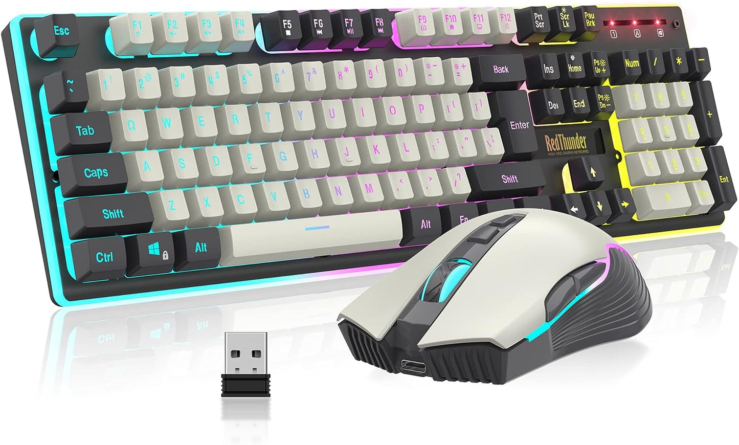 Wireless Gaming Keyboard and Mouse Set with LED Backlighting, Rechargeable 3800mAh Battery, Mechanical Feel (Black)