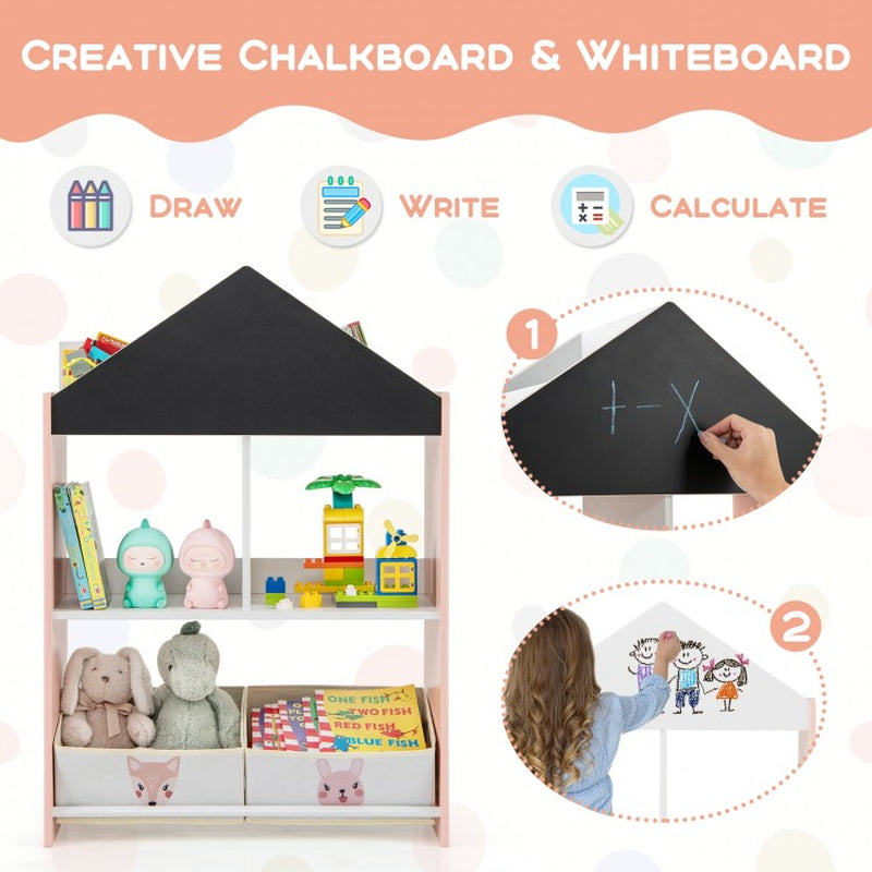 Children's Playhouse Bookshelf with Integrated Chalkboard and Whiteboard for Ages 3-6