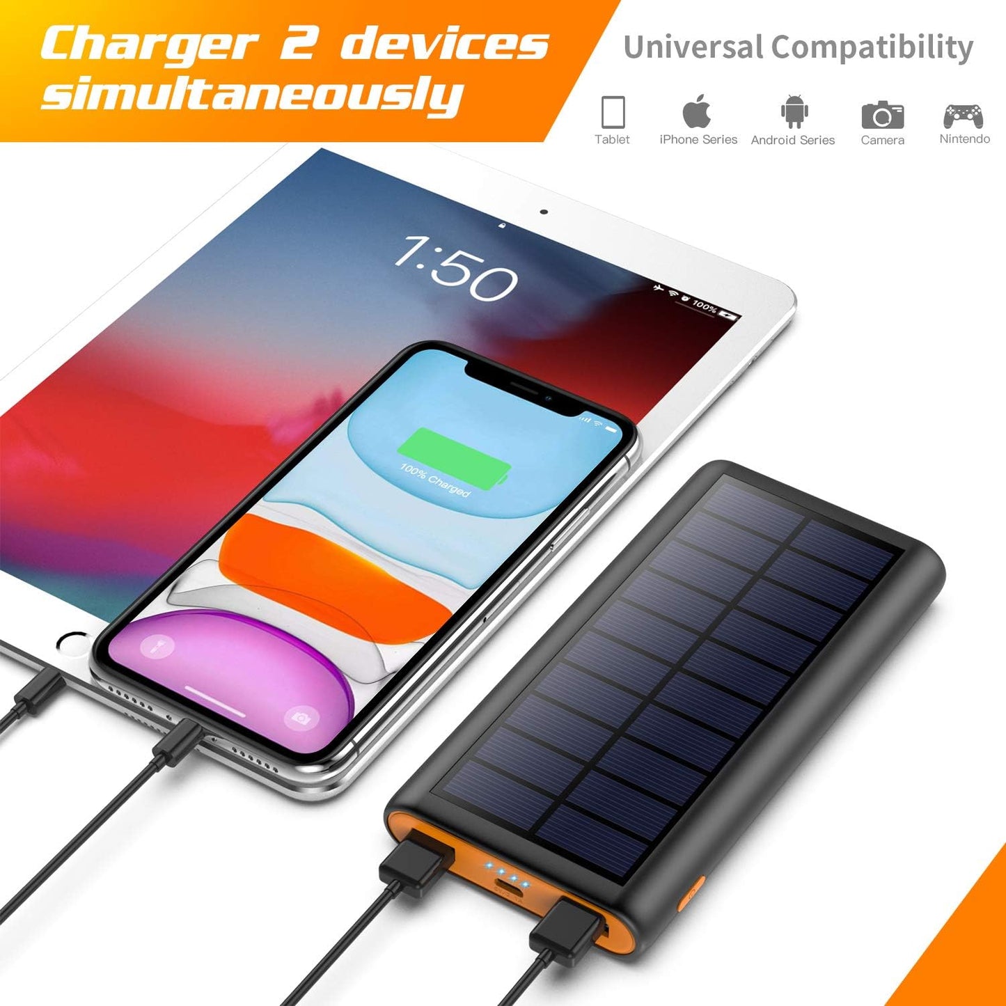 26800mAh Solar Power Bank with Dual USB Outputs and LED Indicators - Portable Solar Charger for Smartphones, Tablets, and Android Devices Ideal for Camping and Outdoor Use