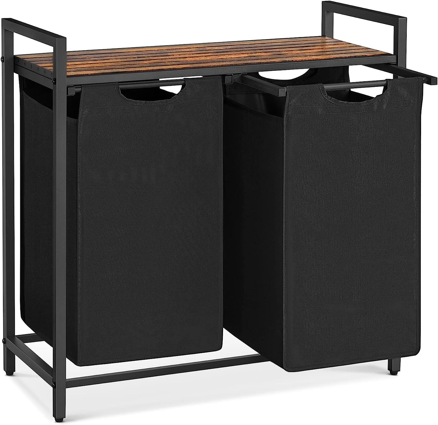 Rustic Brown and Black Laundry Hamper with Metal Frame, Dual Pull-Out Removable Bags, and Shelf - (46L), 28.8 x 13 x 28.4 Inches