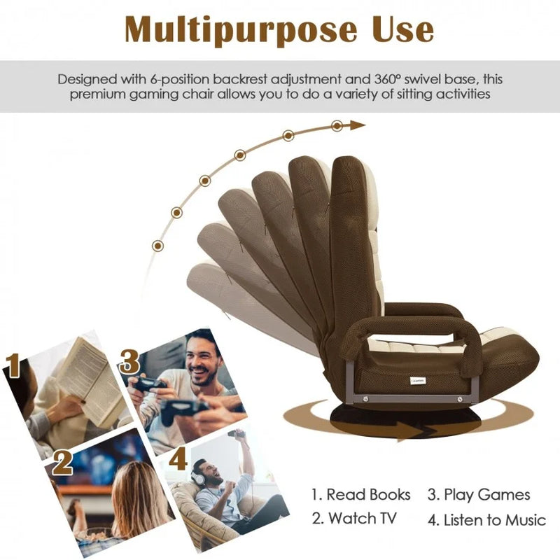 360-Degree Swivel Gaming Floor Chair with Adjustable Backrest and Foldable Design