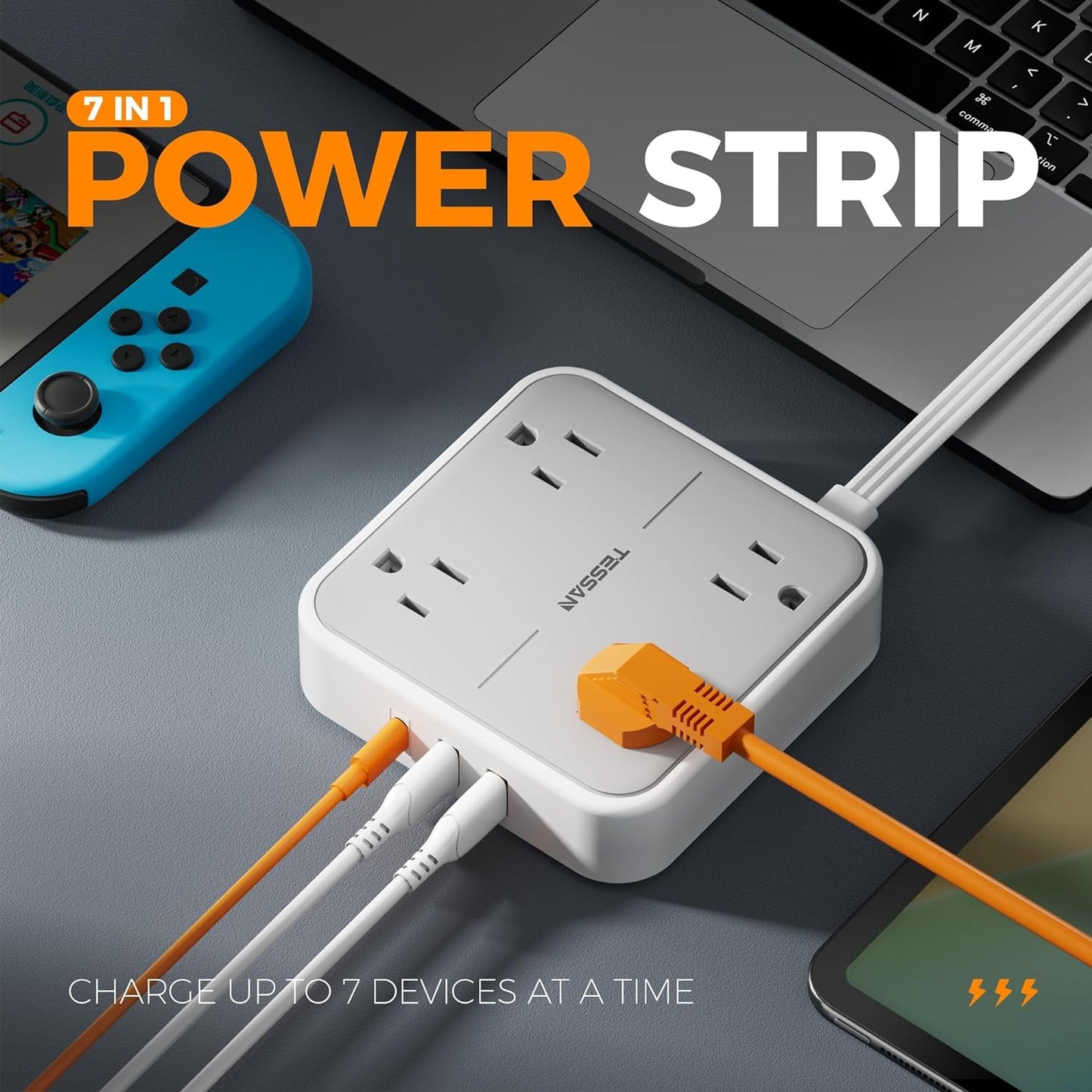 Flat Plug Power Strip with Surge Protection, 5-Foot Extension Cord, 4 Outlets and 3 USB Ports (1 USB-C), Gray