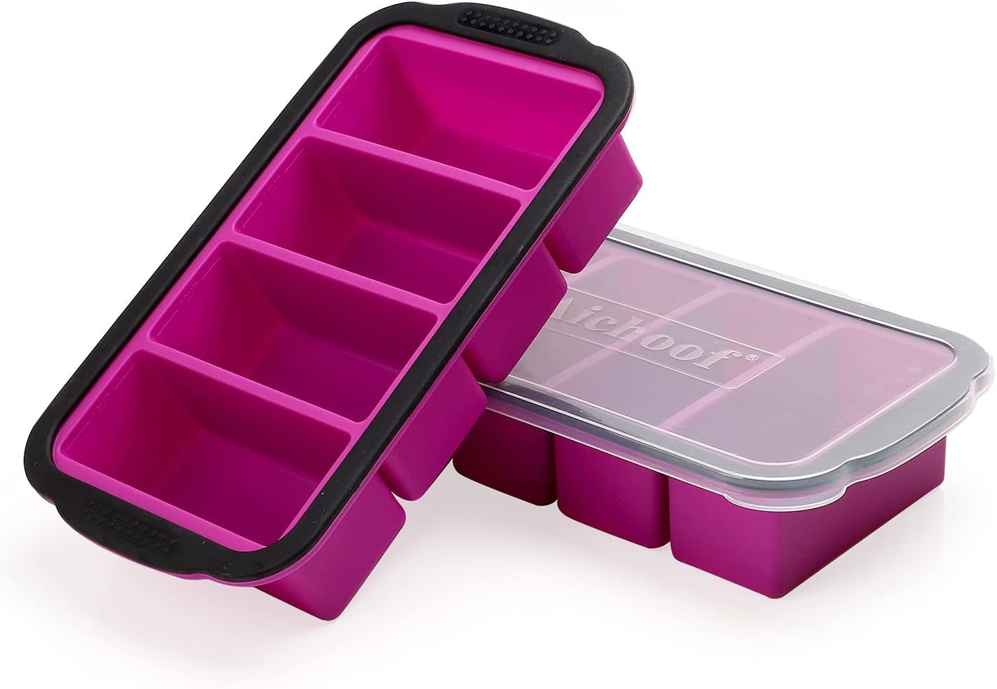 Extra Large 1-Cup Freezing Tray with Lid - Set of 2 Food Storage Molds, Ice Cube Trays- Four 1-Cup Portions (Purple)