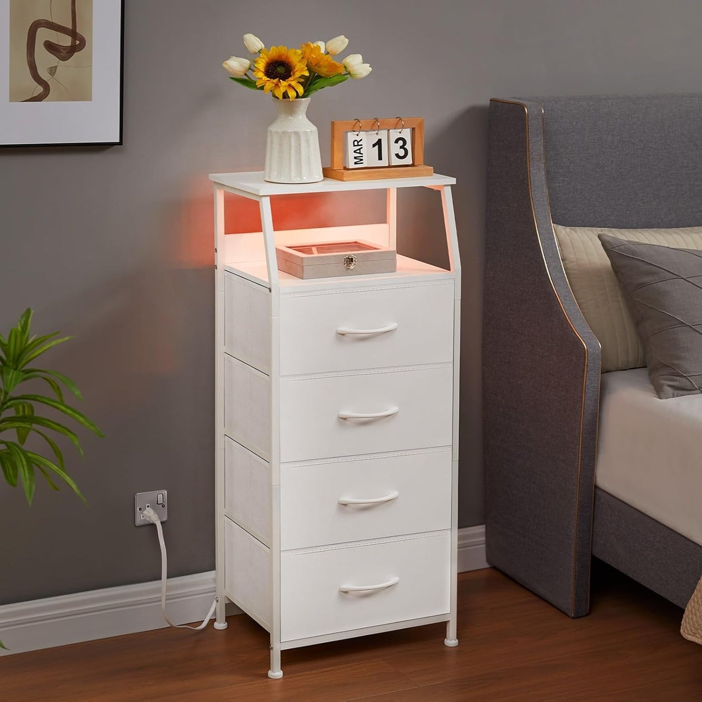 Nightstand Charging Station - LED Light Tall 4 Drawers Dresser - Fabric Bin, White Leather