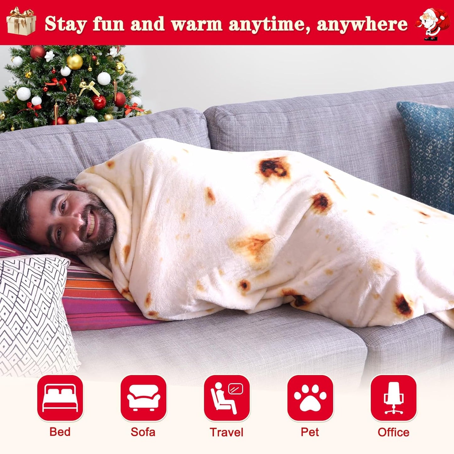 Burritos Tortillas Blanket 2.0 Double Sided 71 Inches, Throw Blankets, 285 GSM Novelty Soft Flannel Taco Blanket (Yellow Blanket-Double Sided)