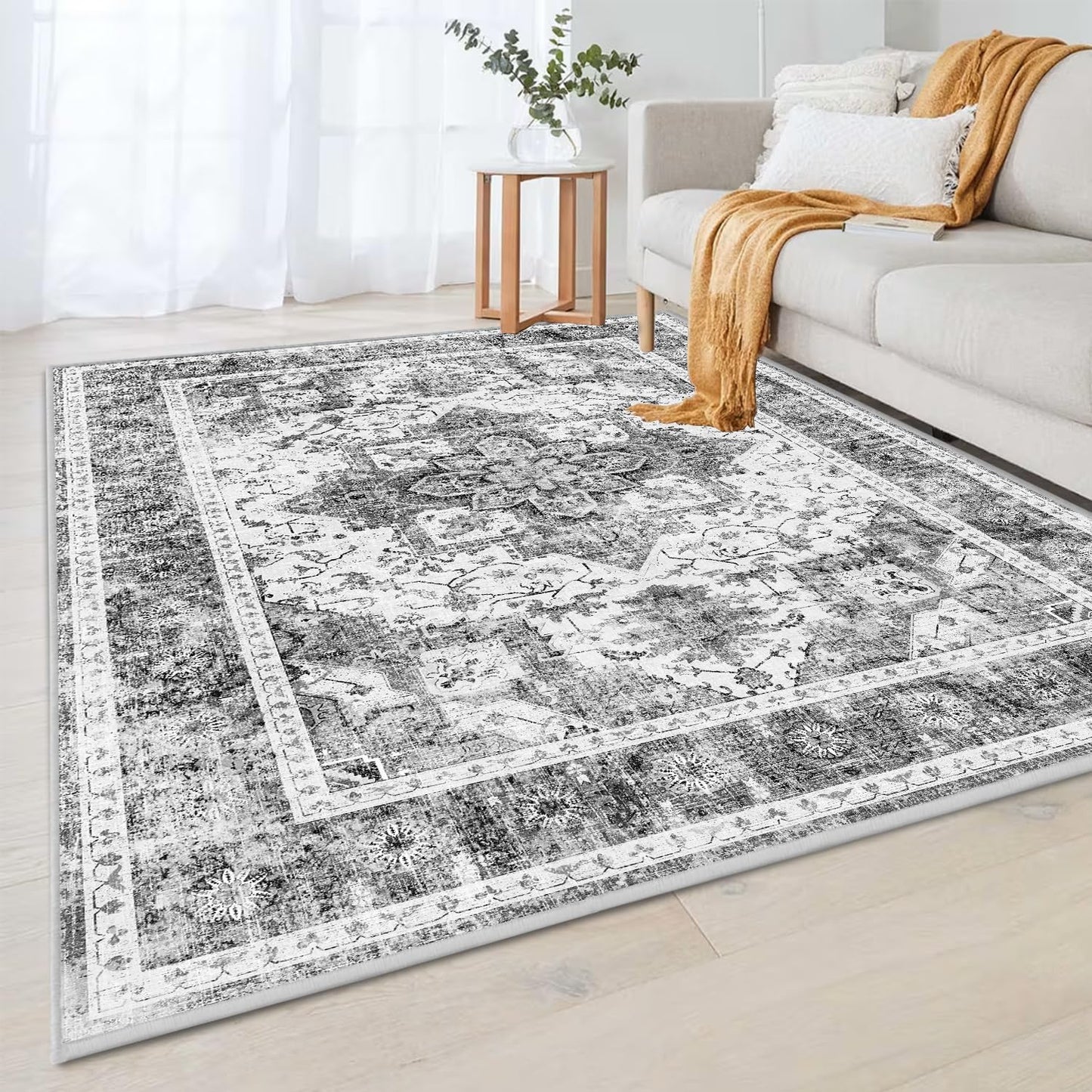 Boho Non-Slip Washable Runner Rug for Hallway and Kitchen, 2x5 Ft Light Grey Area Mat for Bedroom, Bath, Laundry, and Entryway