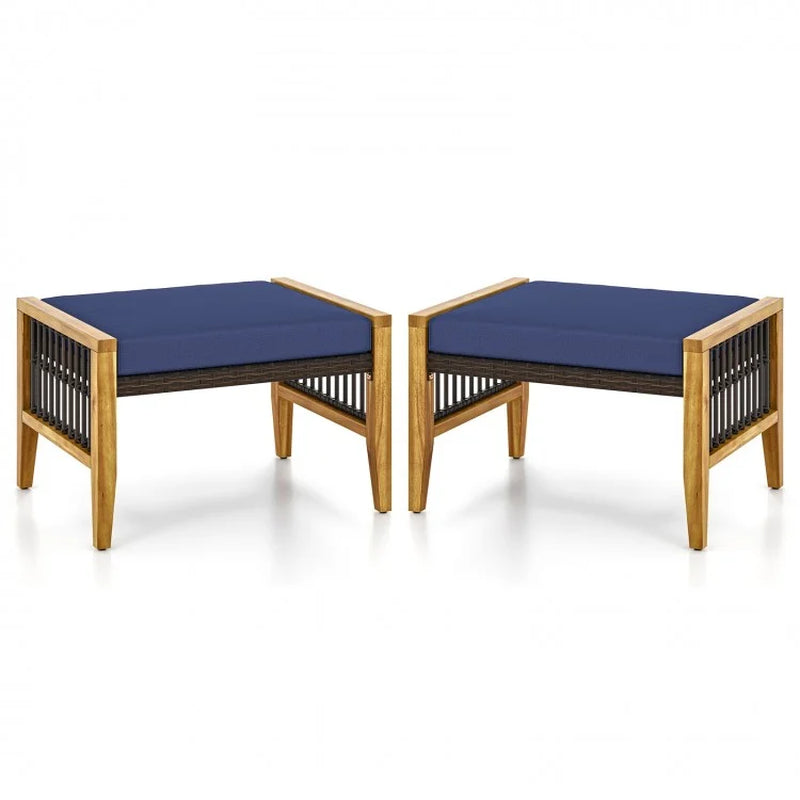 Acacia Wood Patio Ottomans with Cushions and Versatile Rattan Woven Footstools