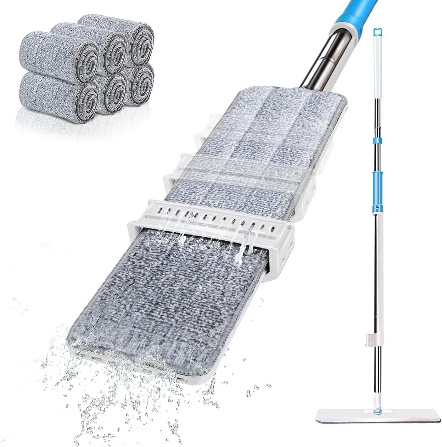 Self-Wringing Microfiber Flat Mop with 6 Washable Pads - Hands-Free Cleaning Solution for Hardwood, Laminate, and Tile Floors - Grey