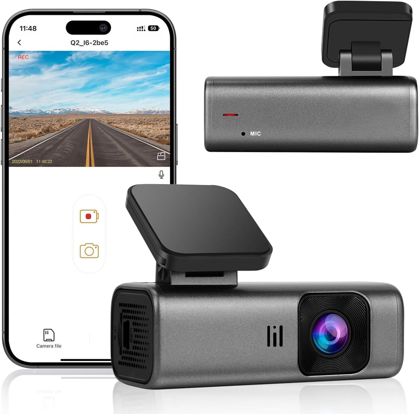 2K WiFi 1440P Dash Camera for Cars with Super Night Vision, WDR, Loop Recording, G-Sensor, 24-Hour Parking Monitoring, Mobile App Support, Up to 128GB Storage Capacity