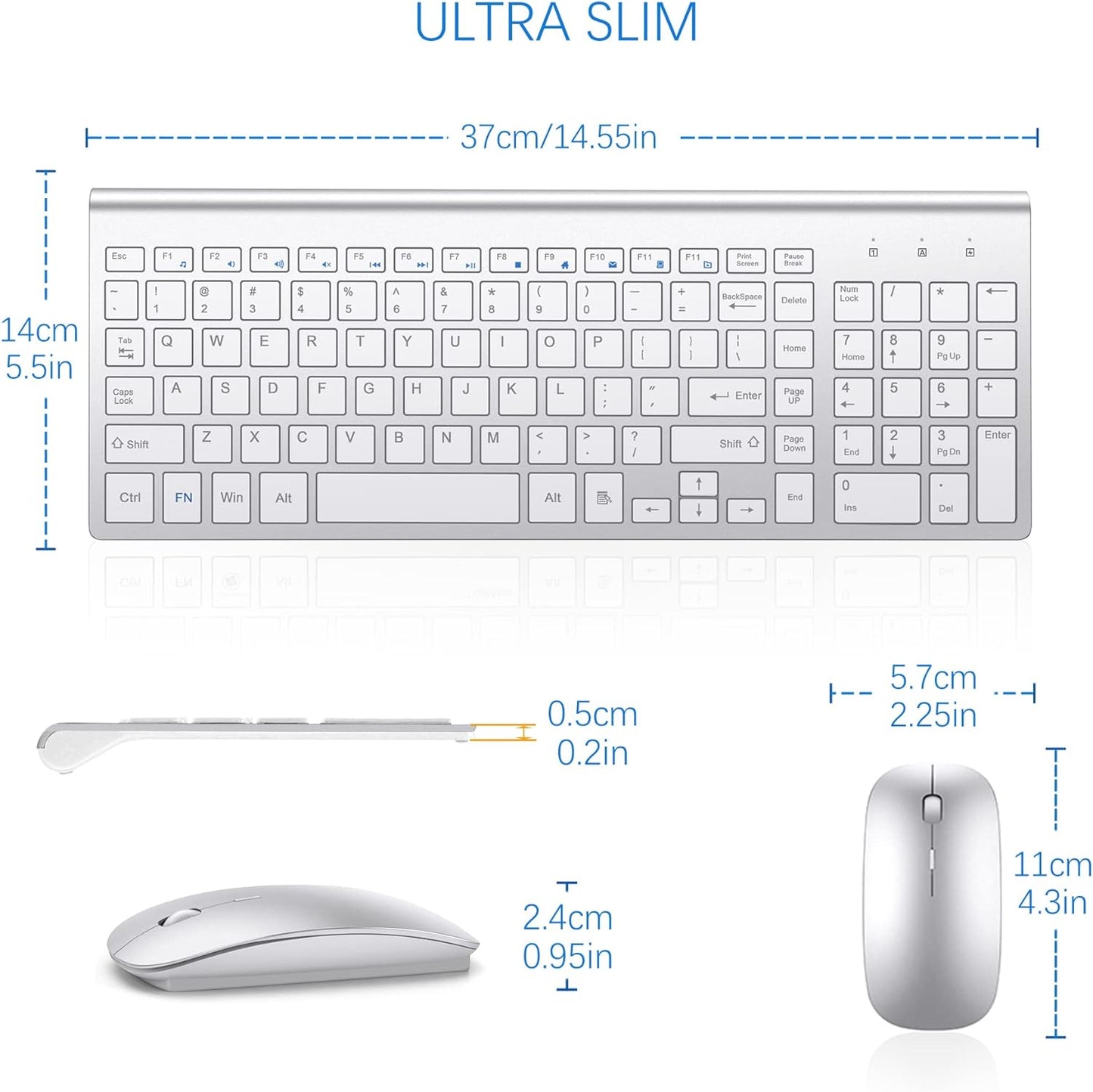Ultra Slim Wireless Keyboard and Mouse Combo - 2.4G Silent Compact USB Mouse (2400DPI) and Scissor Switch Keyboard with Covers