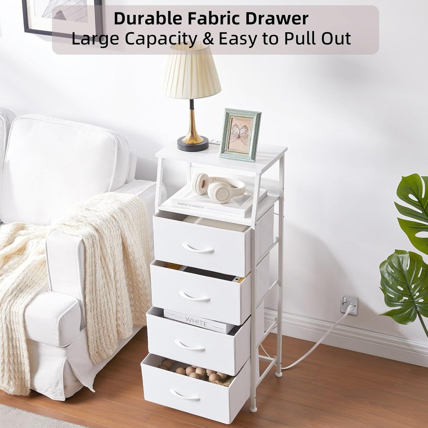 Nightstand Charging Station - LED Light Tall 4 Drawers Dresser - Fabric Bin, White Leather