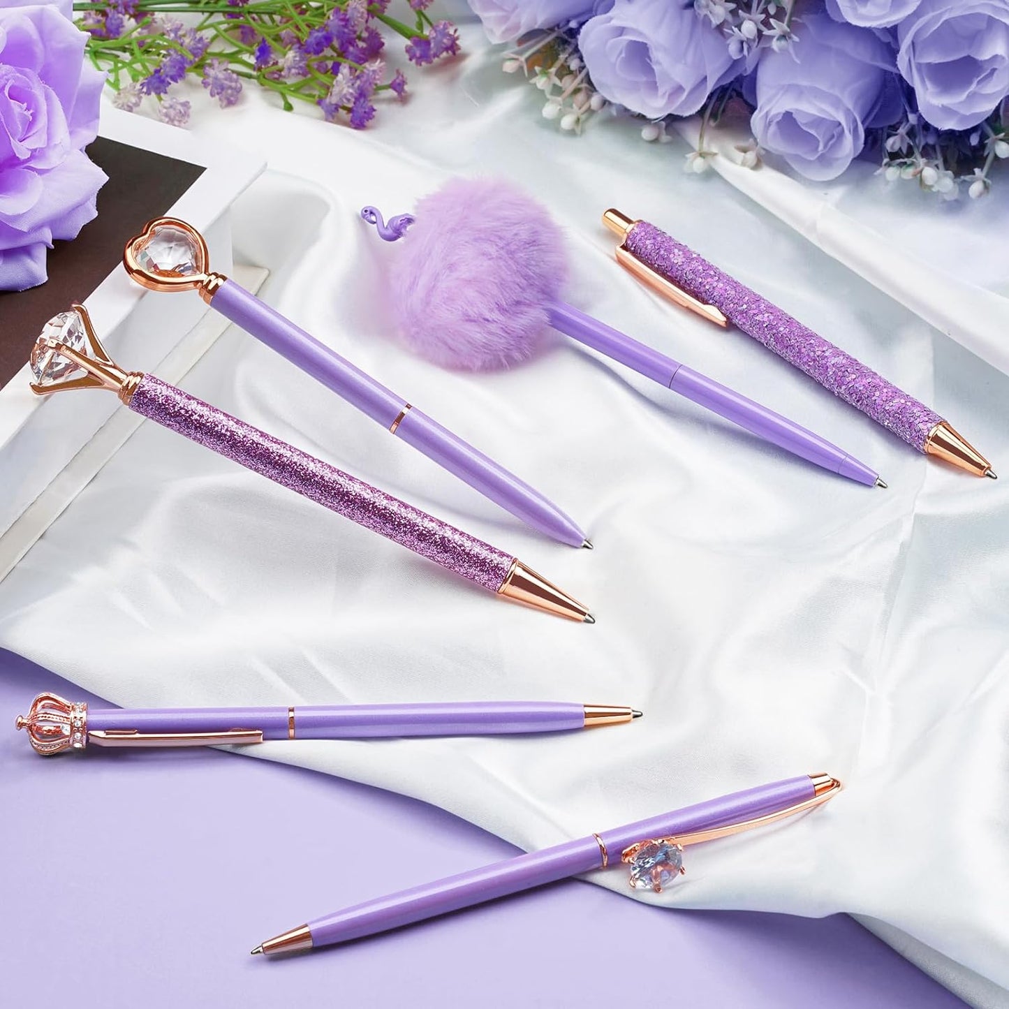 8Pcs Ballpoint Pens Set Purple Pens Set Purple Ballpoint Pen Bling in Black & Blue Ink Metal Crystal Diamond Pen for Journaling Glitter Fancy Pens Gifts for Women Wedding Office