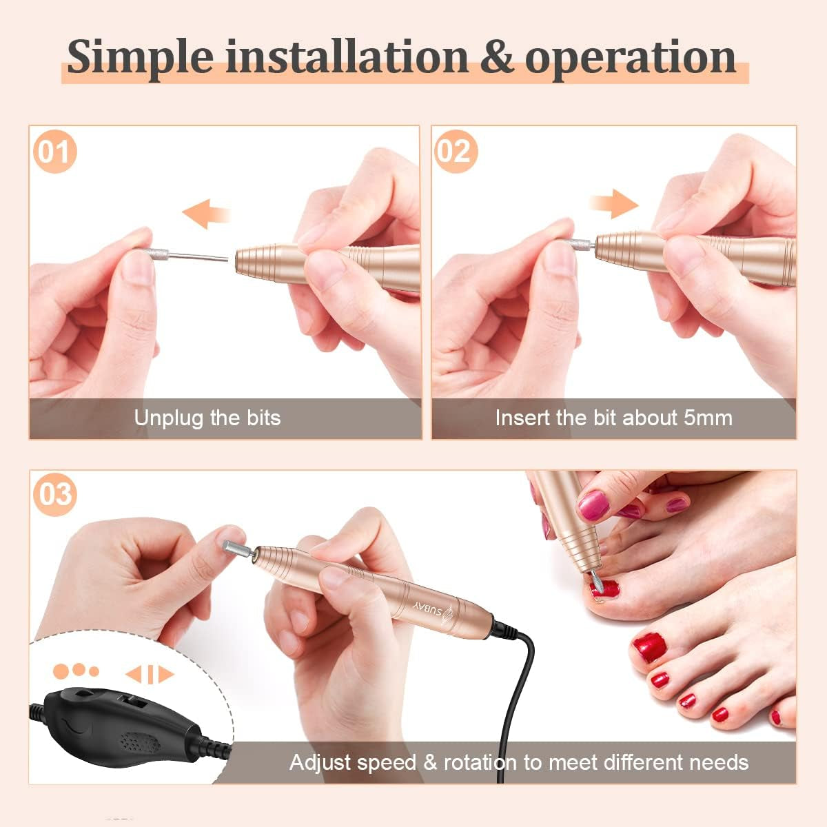Portable Electric Nail Drill Machine with 11 Nail Drill Bits and 26 Sanding Bands for Acrylic, Gel, and Dip Powder Nails - Ideal for Salon and Home Use, Gold