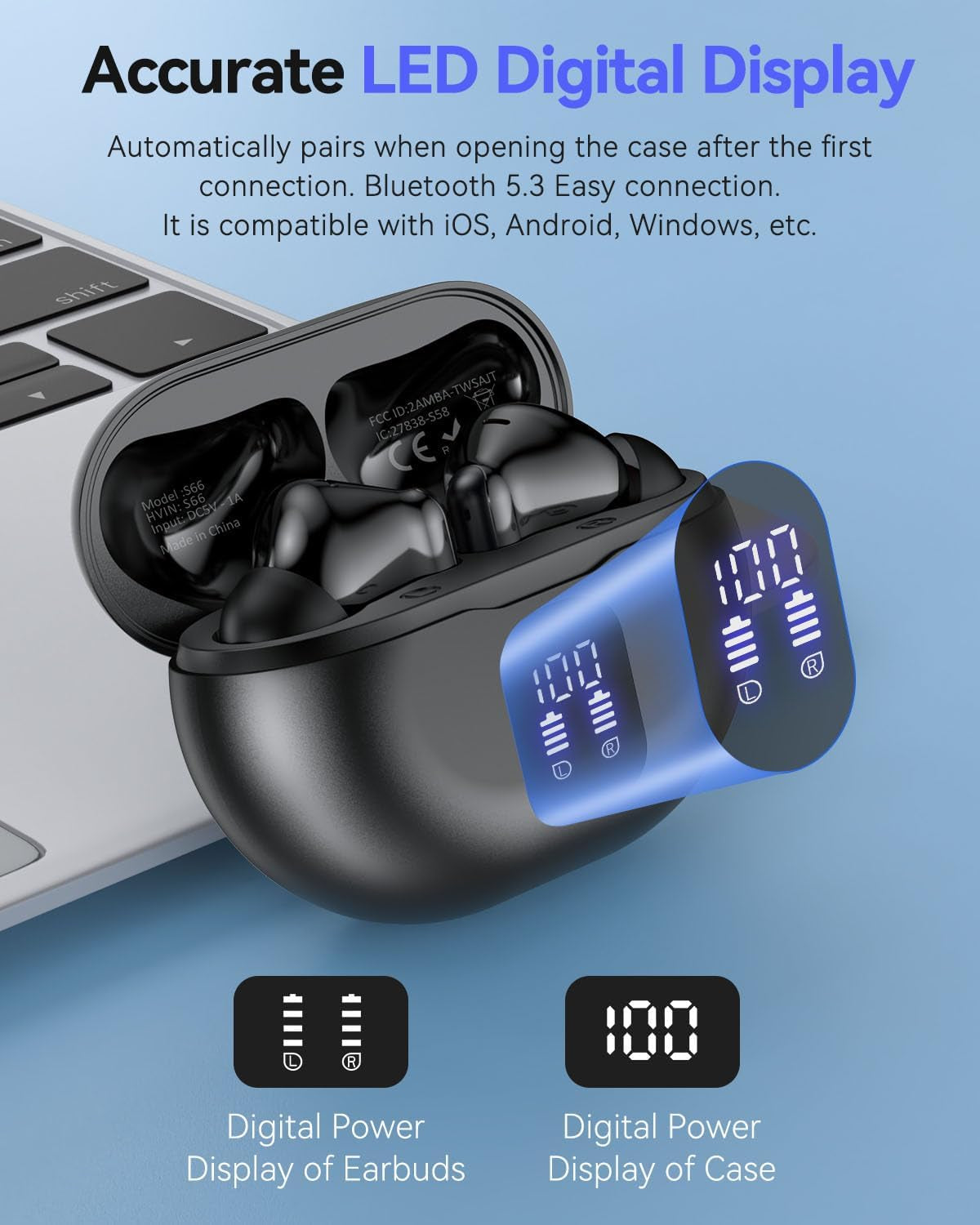 Wireless Earbuds with Bluetooth 5.4, Deep Bass Stereo Sound, Noise Cancellation, 50 Hrs Playback, LED Display, IPX7 Waterproof - Black