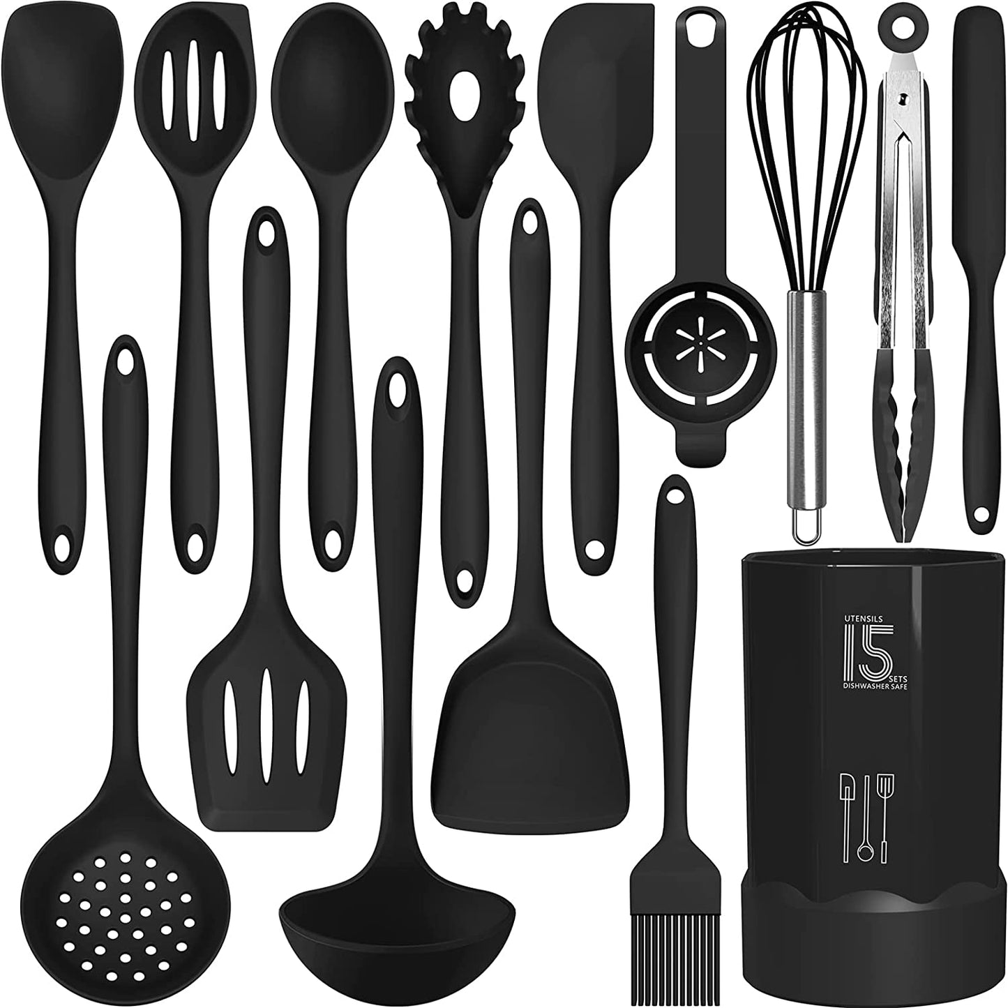 Silicone Kitchen Utensils Set - Heat Resistant Up to 446°F, Includes Turner, Tongs, Spatula, Spoon, Brush, Whisk, Dishwasher Safe and BPA Free