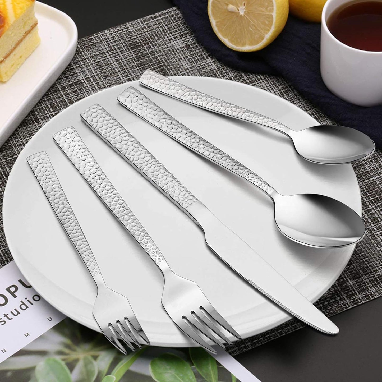40-Piece Hammered Stainless Steel Flatware Set for 8 - Modern Square Design Cutlery with Dinner Knives, Forks, and Spoons - Mirror Polished