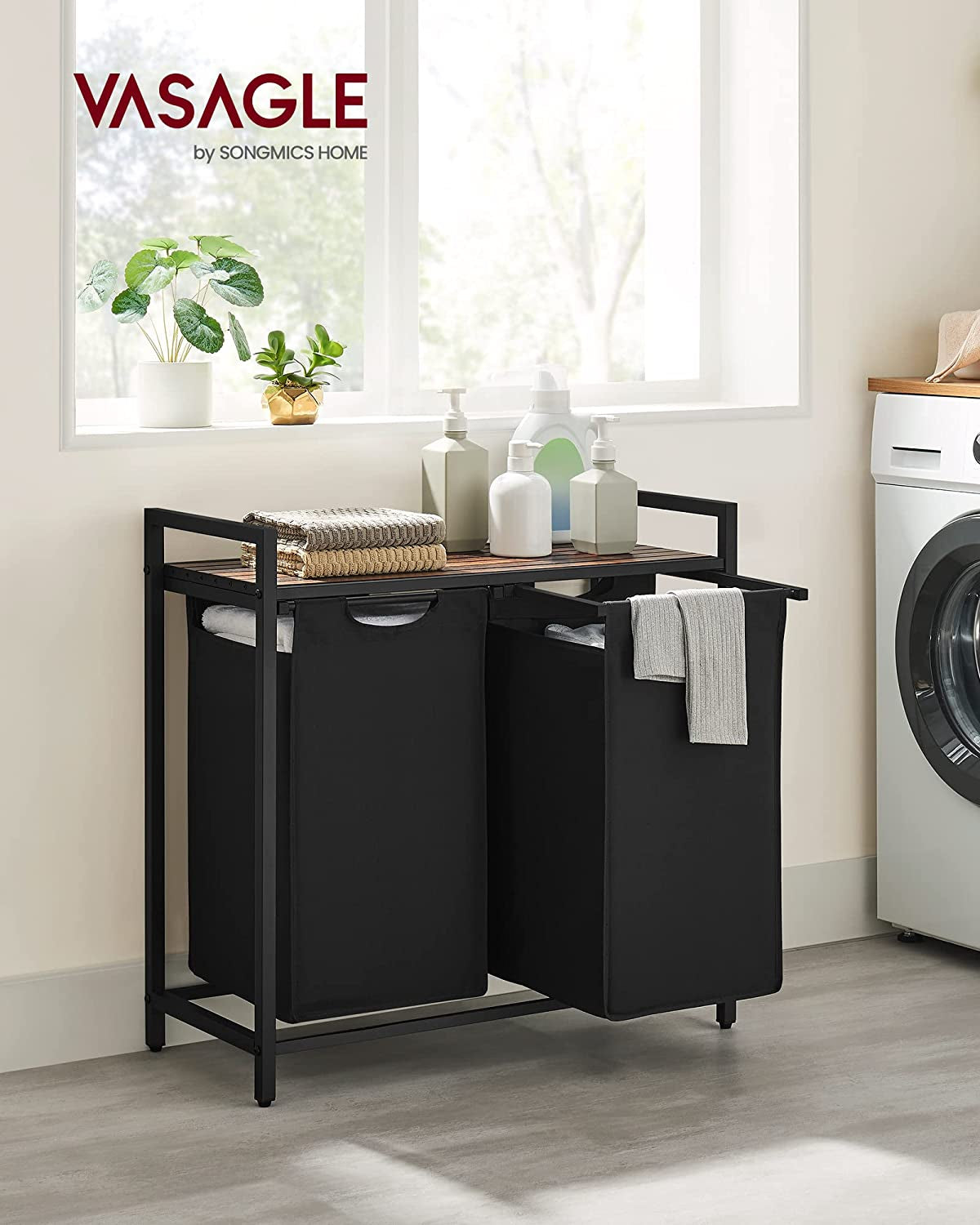 Rustic Brown and Black Laundry Hamper with Metal Frame, Dual Pull-Out Removable Bags, and Shelf - (46L), 28.8 x 13 x 28.4 Inches