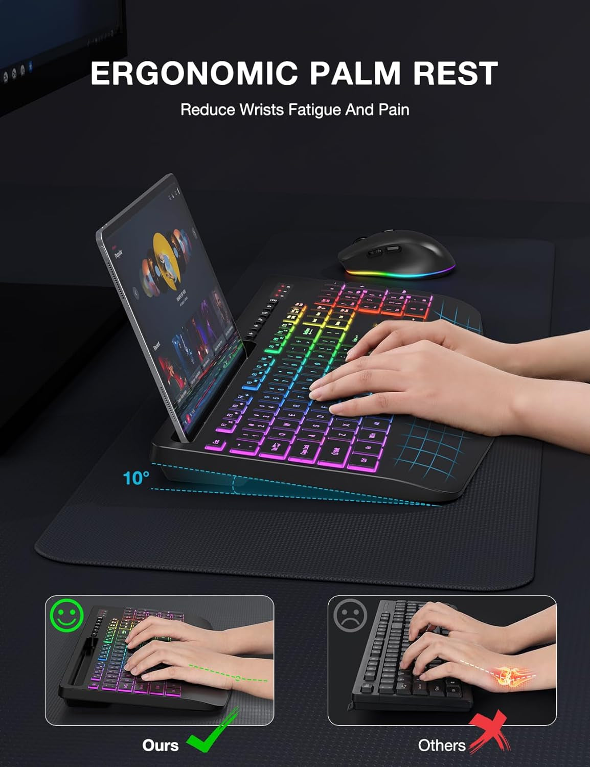Wireless Ergonomic Keyboard and Mouse Combo with Backlit Effects, Wrist Rest, Phone Holder, and Rechargeable Silent Design