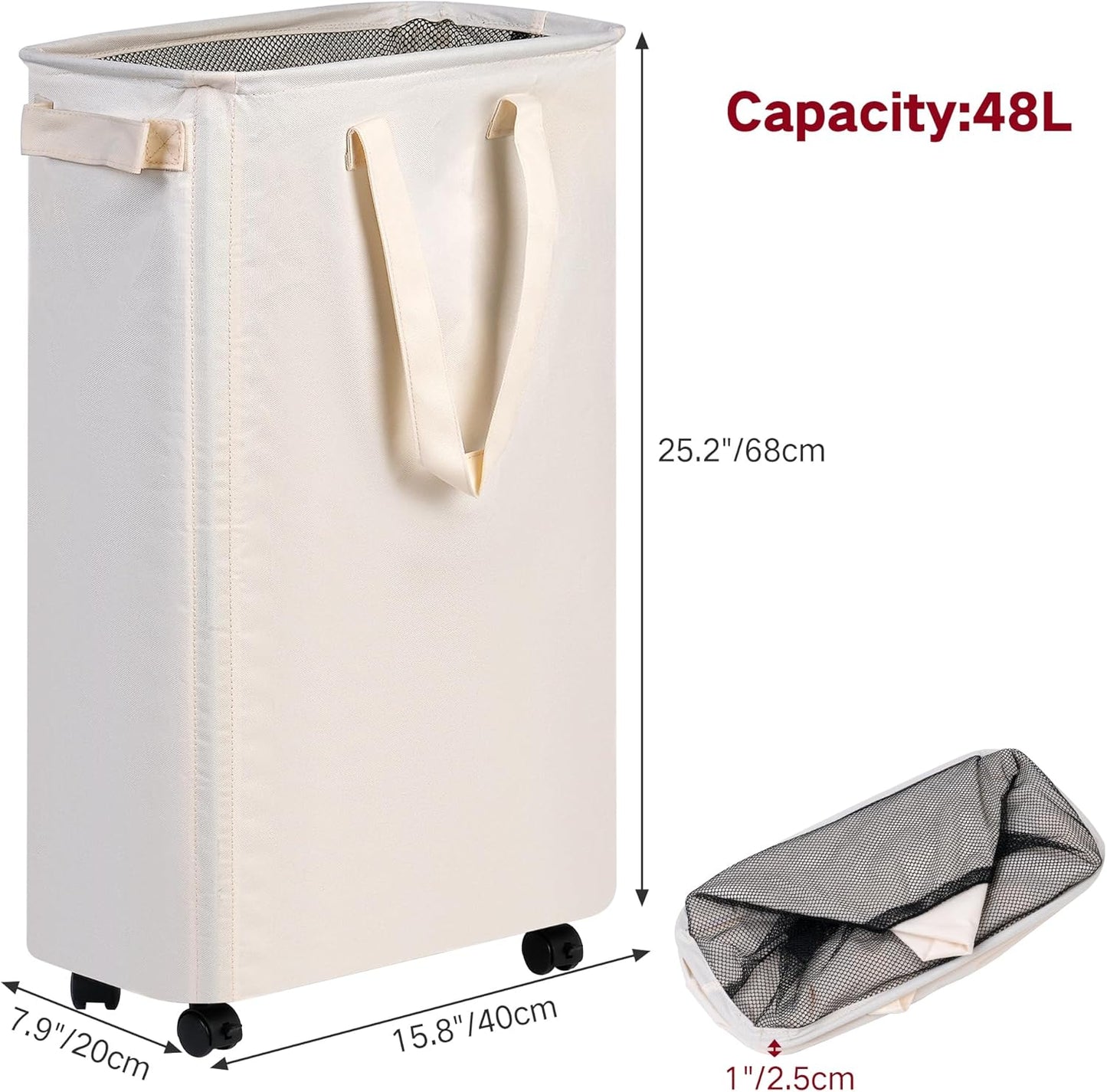 Slim Rolling Laundry Basket - Wheels, 12.7 Gallon (48L) Capacity, Beige
