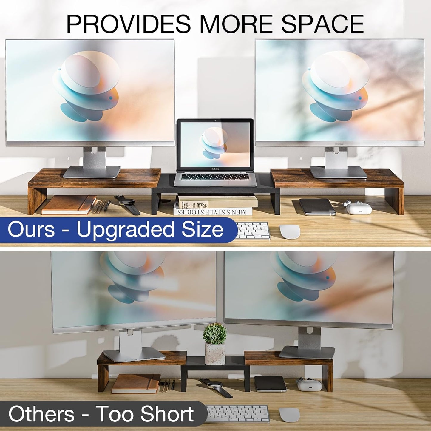 Dual Monitor Stand with Adjustable Length and Angle, 48.2" Desk Riser for Computer Monitors, Brown Office Accessory