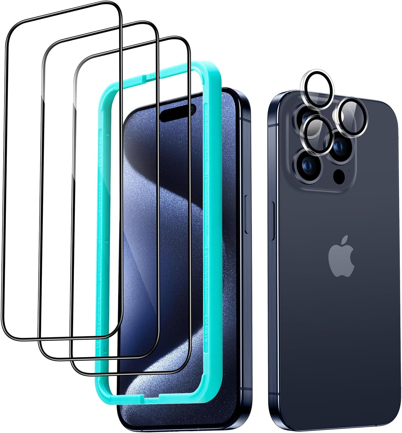 Screen Protector Set, 3 Tempered-Glass Screen Protectors and 1 Set Individual Lens Protectors, 2.5D Curved Edges, Scratch Resistant