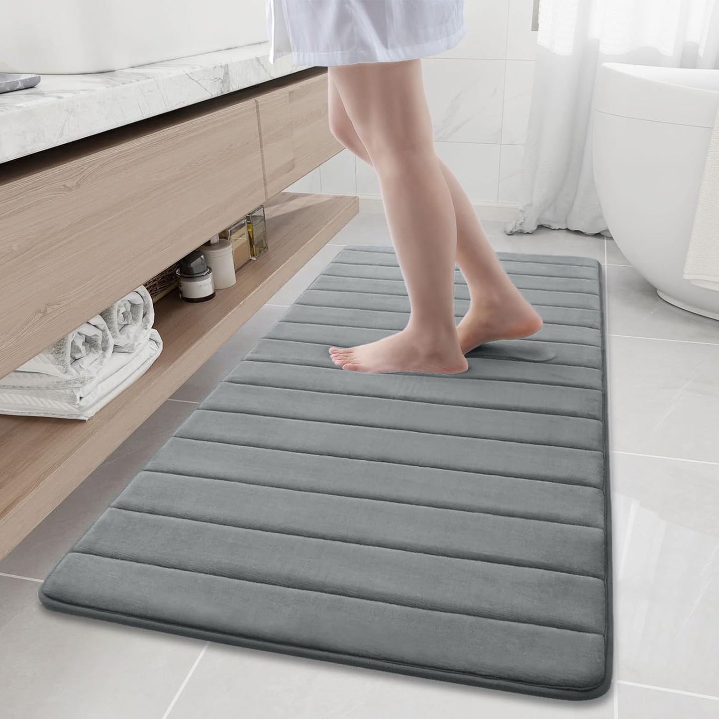 Memory Foam Non-Slip Bath Mat with Absorbent Rubber Backing for Kitchen and Bathroom Floors, 16" x 24", Black