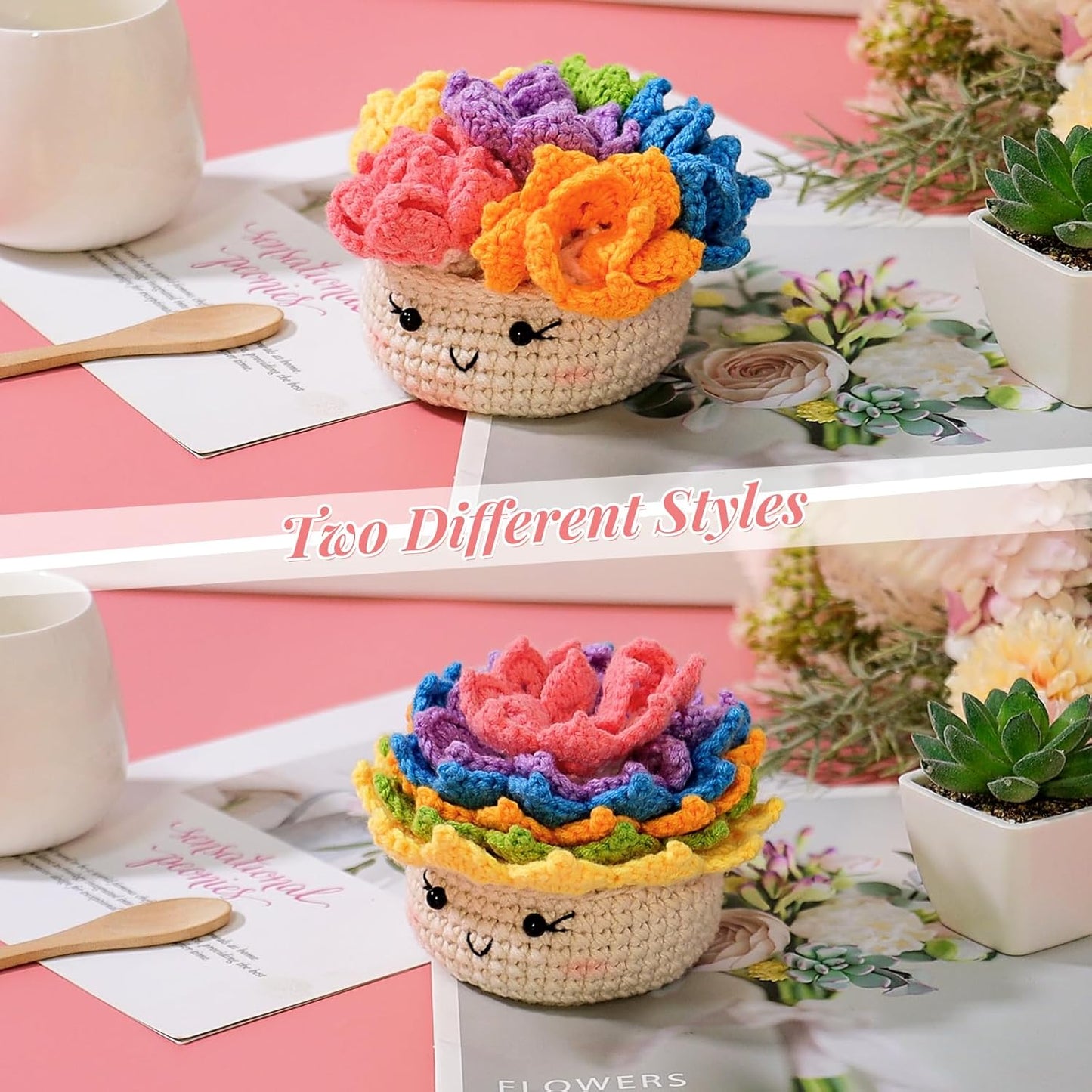 Beginner's Crochet Kit: 6-Piece Flower Potted Plant Coaster Set with Crochet Hook, Colorful Yarn, Stitch Marker, and Instruction Manual for Craft Enthusiasts