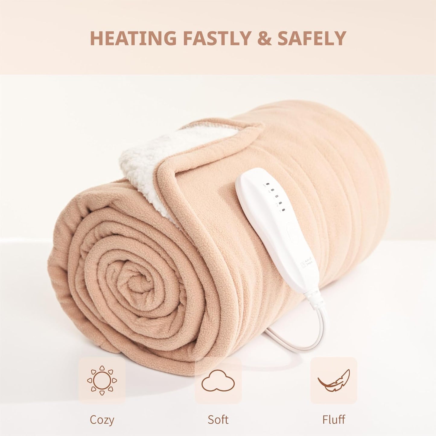 Heated Blanket-Electric Blanket,50"X60" Soft Heated Throw Blanket with 5 Heating Levels & 3 Hours Auto-Off,Over-Heat Protection Fast-Heating,Machine Washable(Almond)
