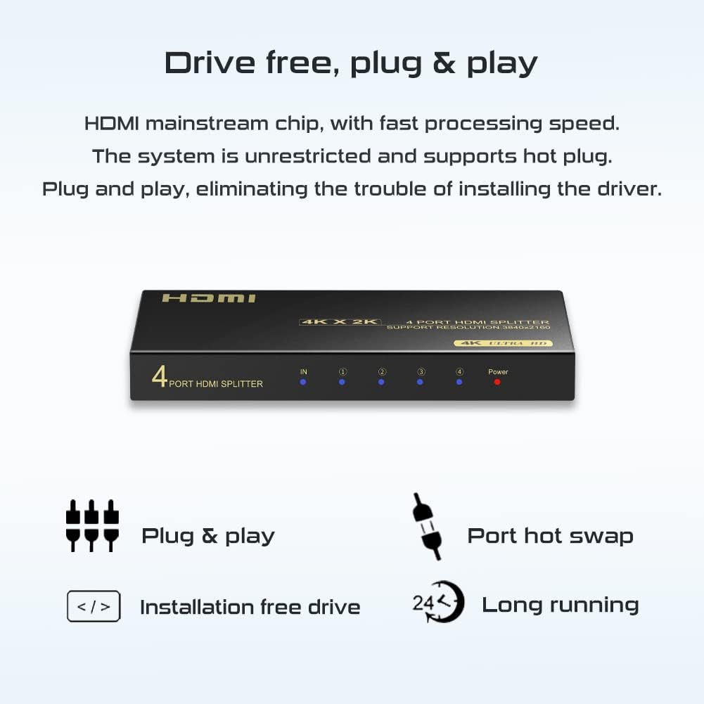 4K HDMI Splitter 1x4 - Supports 4K 60Hz, Full HD 1080P, and 3D, Compatible with Xbox, PS3/4, Roku, and Blu-Ray Players