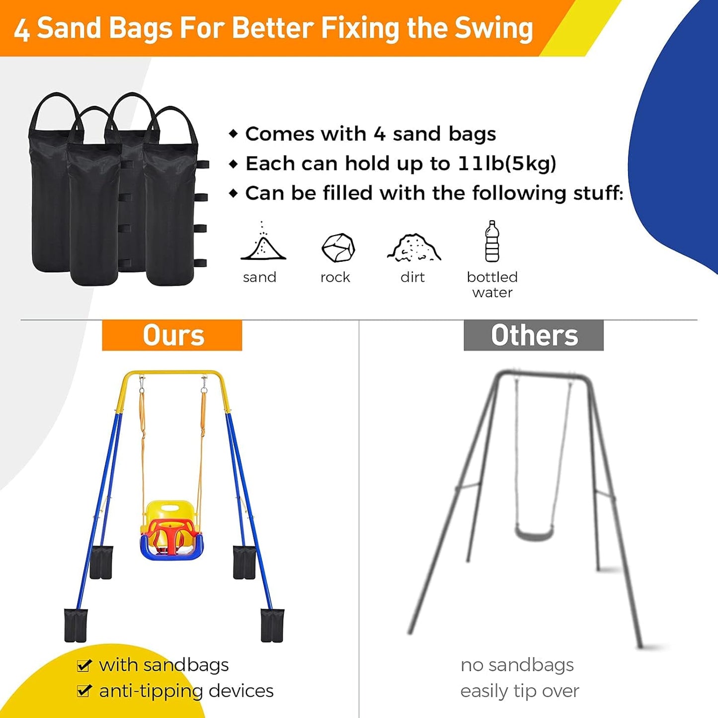 3-in-1 Toddler Swing Set - Safety Harness Sandbags - Heavy-Duty Indoor/Outdoor Play Equipment - Folding Metal Stand
