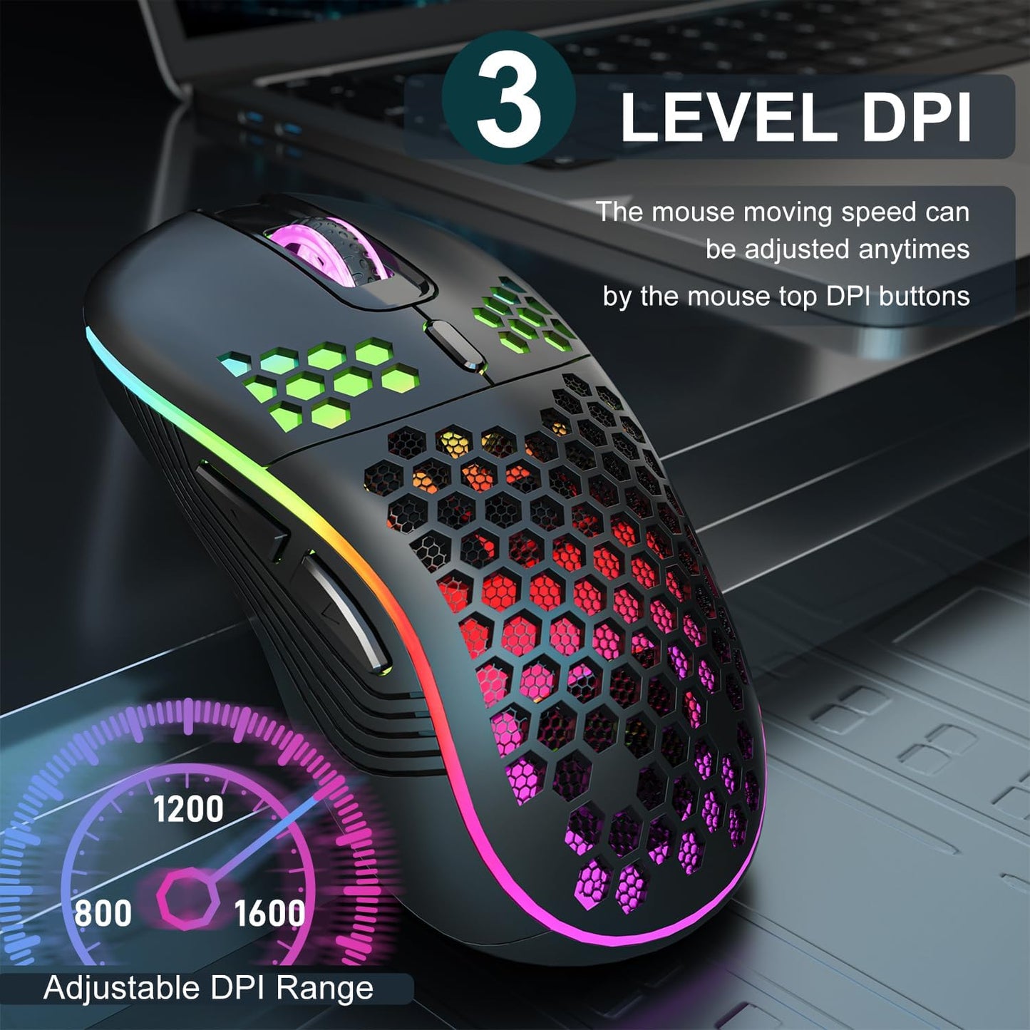 Wireless Ergonomic Gaming Mouse - Honeycomb Design, Rechargeable RGB Backlight, 2.4GHz USB Cordless Connectivity