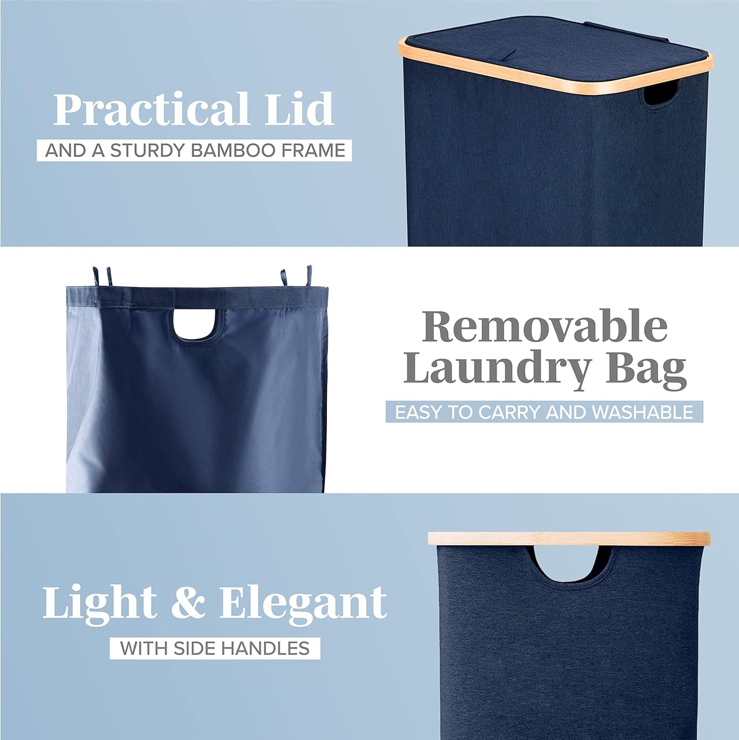 - Blue Laundry Baskets with Lid - XL 100 L - Large Laundry Hamper for Clothes - Panier a Linge Sale - Bamboo Clothes Hamper Bathroom Tall Hamper with Lid