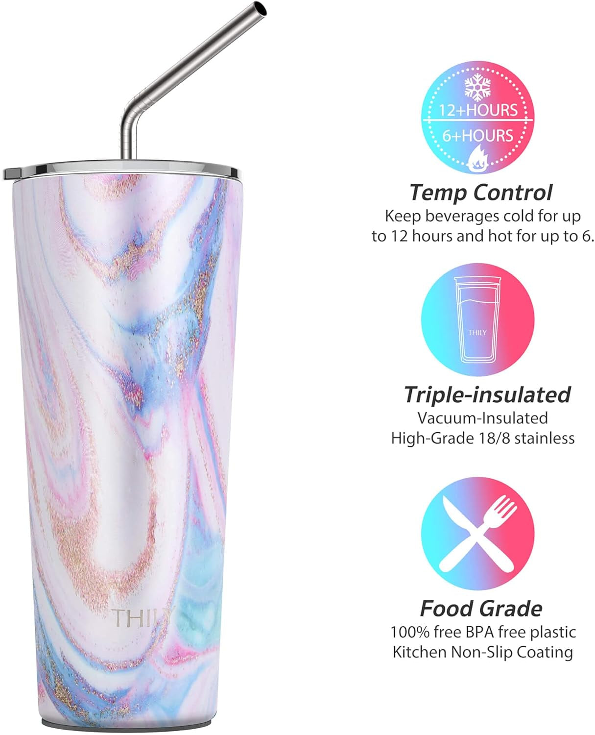 Stainless Steel 26 Oz Triple-Insulated Travel Tumbler with Splash-Proof Lid for Hot and Cold Beverages - Pink Ripple Design