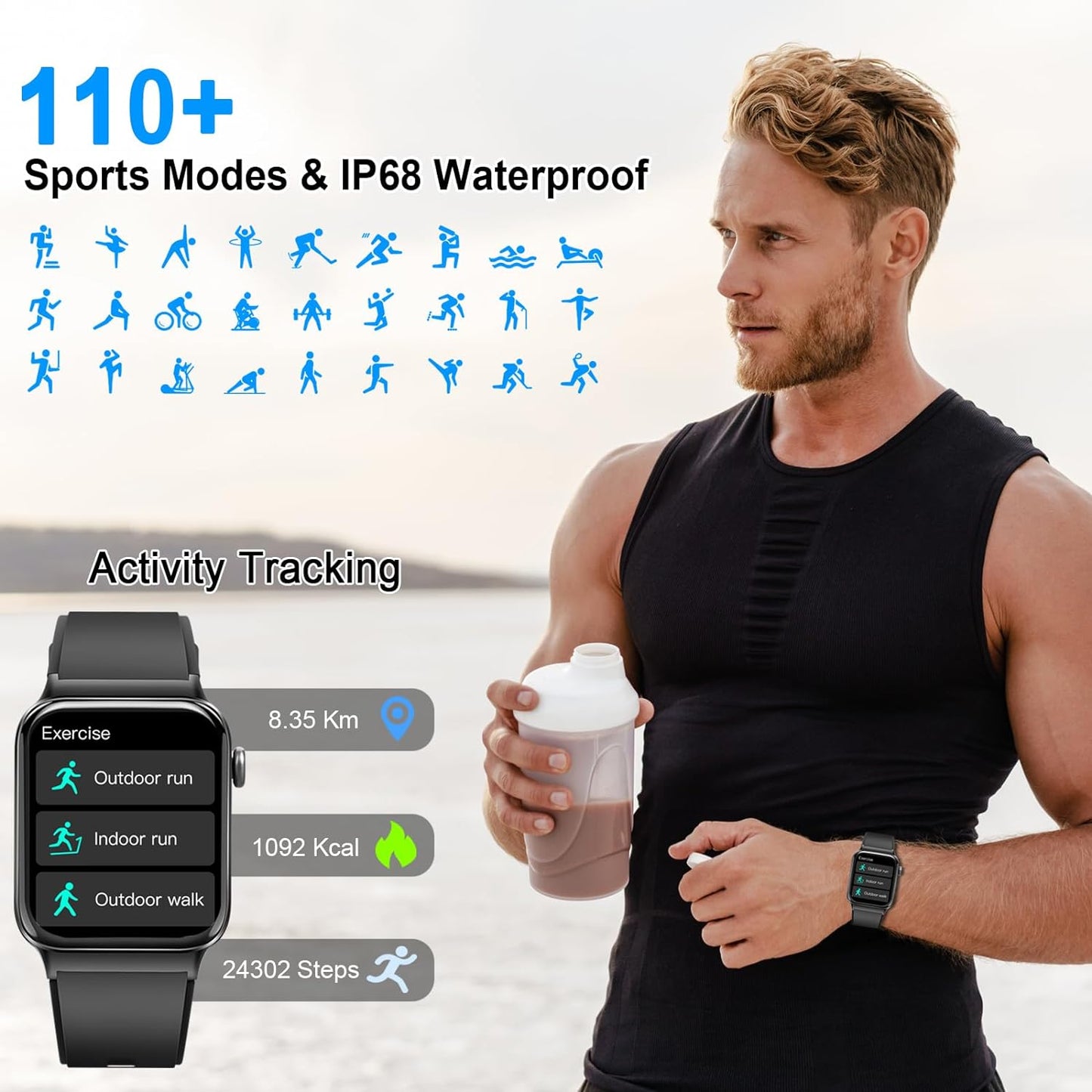 Bluetooth Smartwatch, 1.85" HD Touchscreen, 100+ Sports Modes, Heart Rate, SpO2, and Sleep Monitoring, IP68 Waterproof