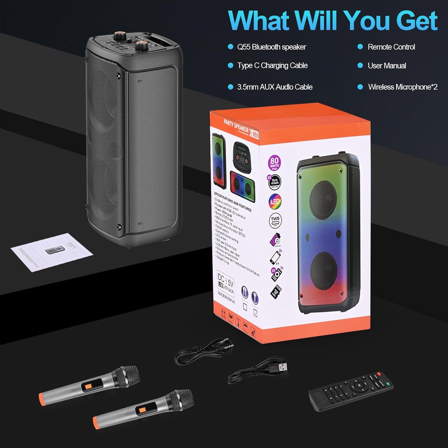 80W Peak Wireless Bluetooth Speaker - Subwoofer, TWS Portable Outdoor Party Speaker, Deep Bass, LED Lights, Loud Stereo Sound, Mic
