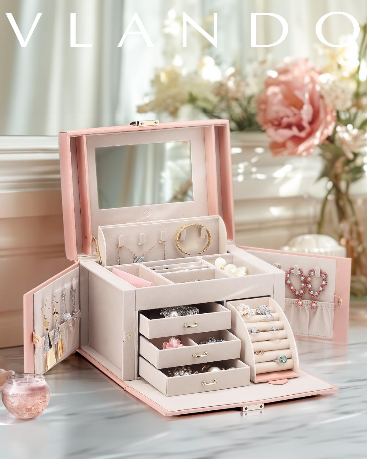 Elegant Baroque Jewelry Organizer-Spacious Storage Box with Mirror and Drawers for Bracelets, Earrings, Rings, Necklaces