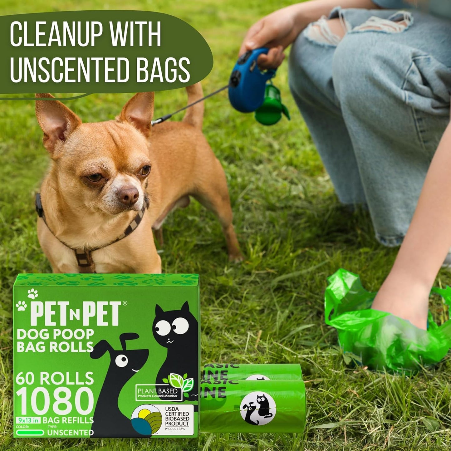Pet Dog Waste Bags, USDA Certified 38% Plant-Based & 62% PE Leakproof, Durable, Eco-Friendly Dog Poop Bags