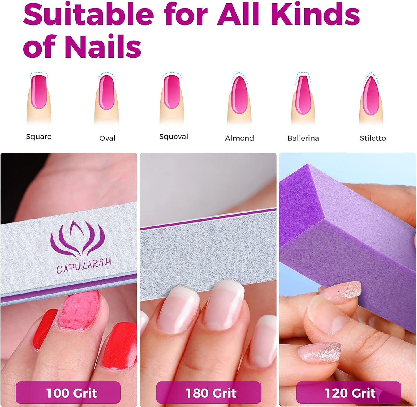 Professional 16-Pack Nail Files and Buffers Kit - Includes 10 Double-Sided 100/180 Grit Nail Files and 6 Four-Sided 120 Grit Nail Buffer Blocks for Acrylic and Dip Nails at Home or Salon