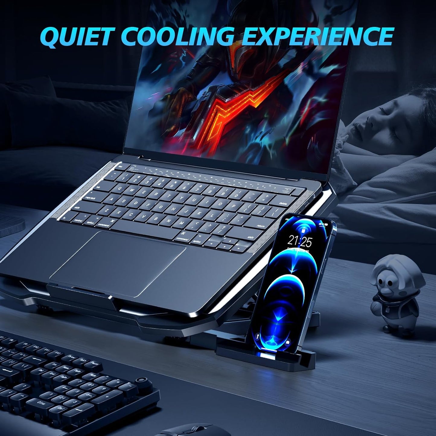 Laptop Cooling Pad for Gaming Laptops, Featuring 5 Quiet Fans, Adjustable Height, Dual USB Ports, and Integrated Phone Stand for 12-15.6 Inch Devices