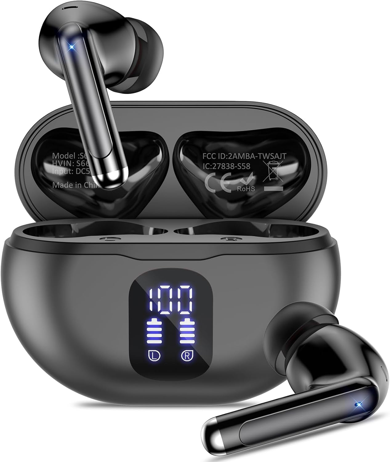 Wireless Earbuds with Bluetooth 5.4, Deep Bass Stereo Sound, Noise Cancellation, 50 Hrs Playback, LED Display, IPX7 Waterproof - Black