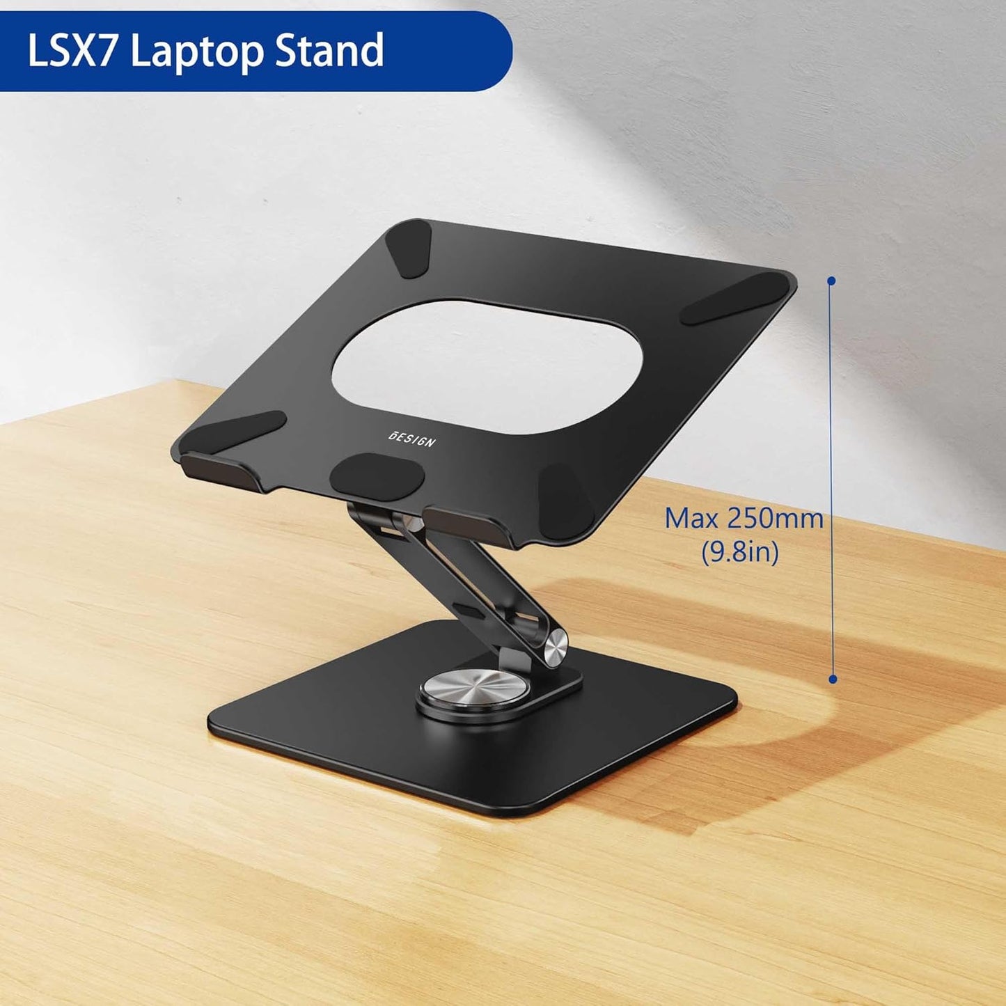 LSX7 Ergonomic Laptop Stand with 360° Rotating Base, Adjustable Riser for 10-15.6" Laptops, (Black)