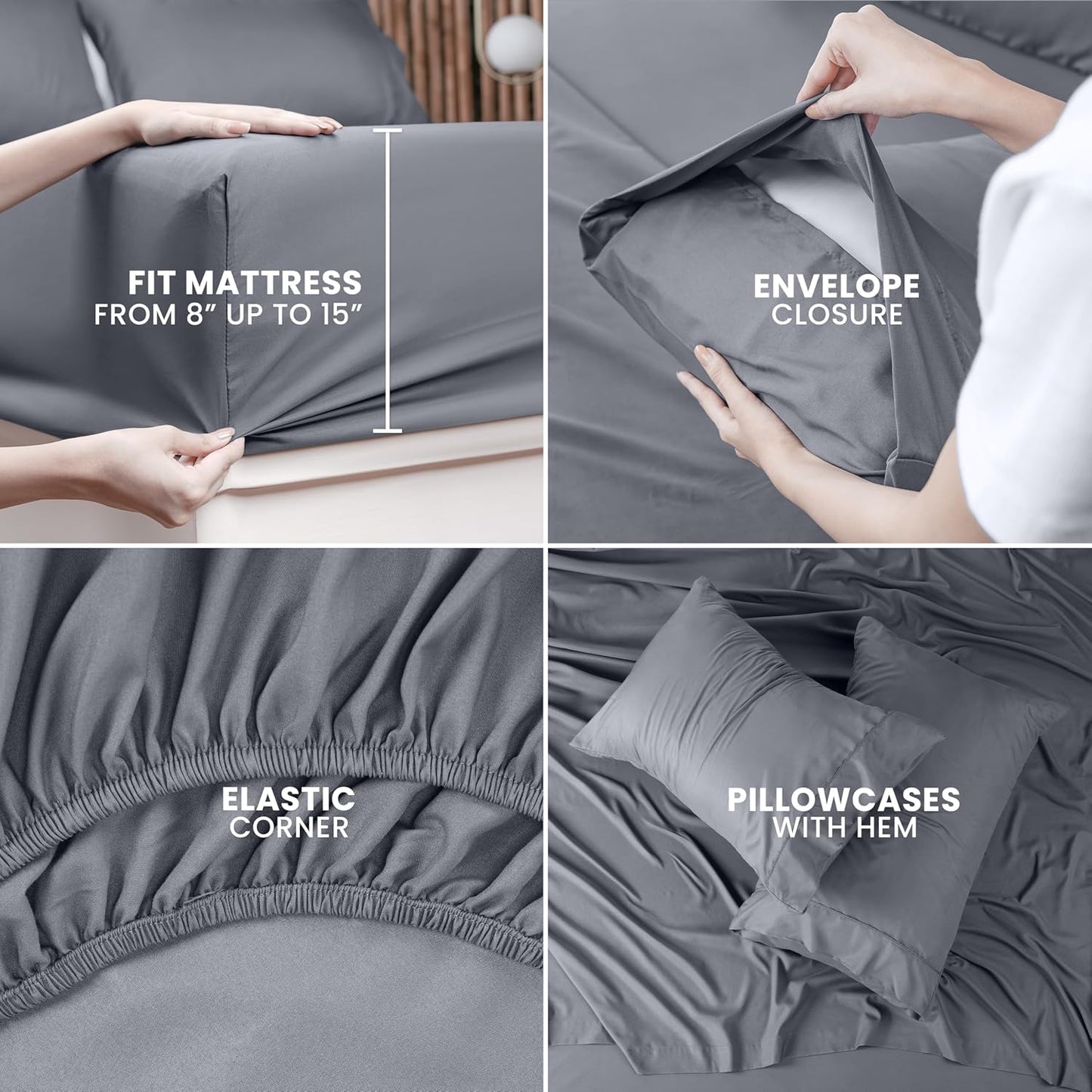 Queen Bed Sheet Set - 4-Piece Bedding Collection - Soft Brushed Microfiber - Shrinkage and Fade Resistant - Easy Care - Grey
