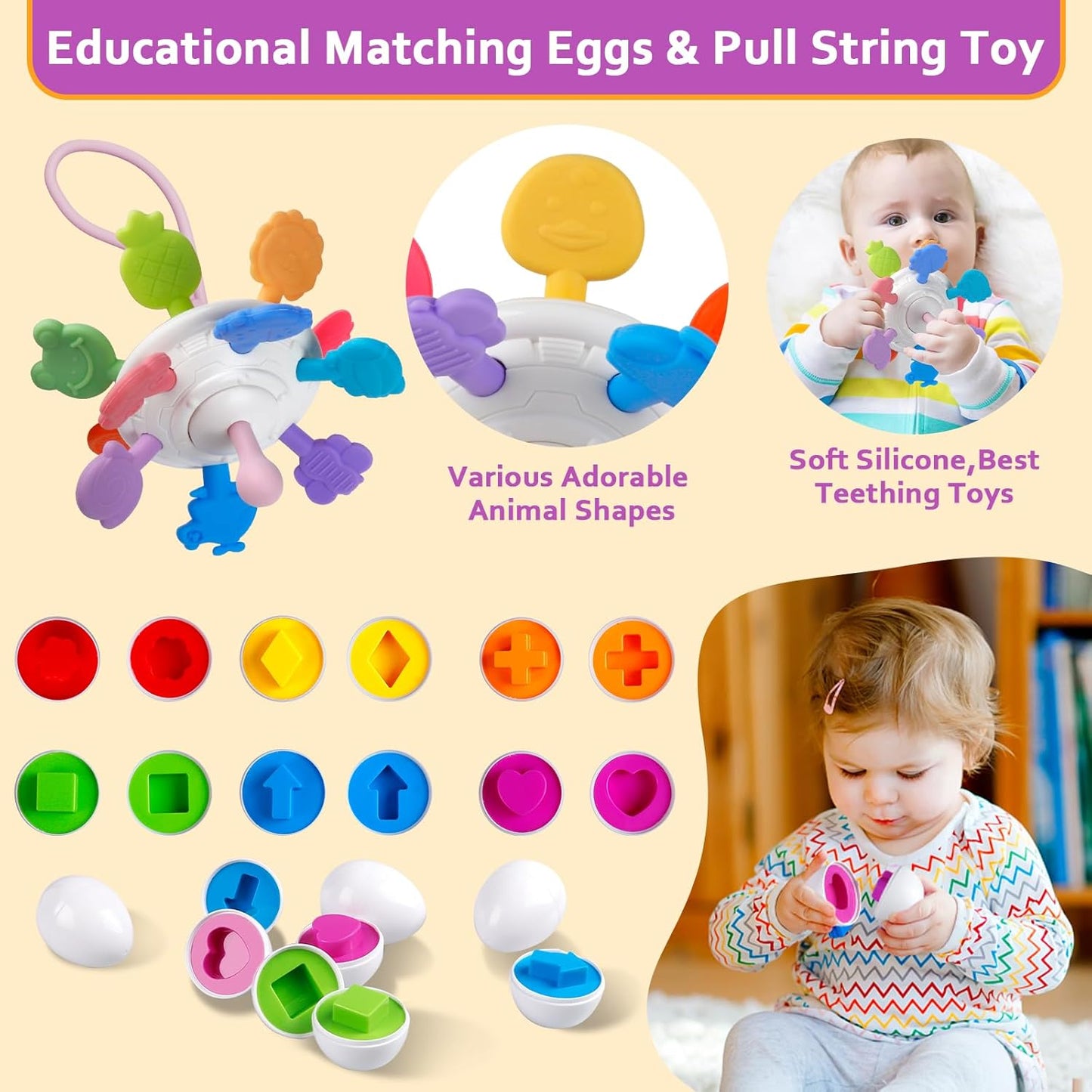 6-in-1 Montessori Baby Toys Ages 6-18 Months, Stacking Building Blocks, Pull String Teething Sensory Toys