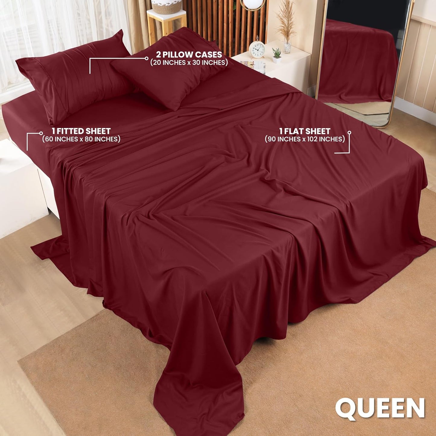 Queen Bed Sheet Set - 4-Piece Bedding Collection - Soft Brushed Microfiber - Shrinkage and Fade Resistant - Easy Care - Burgundy