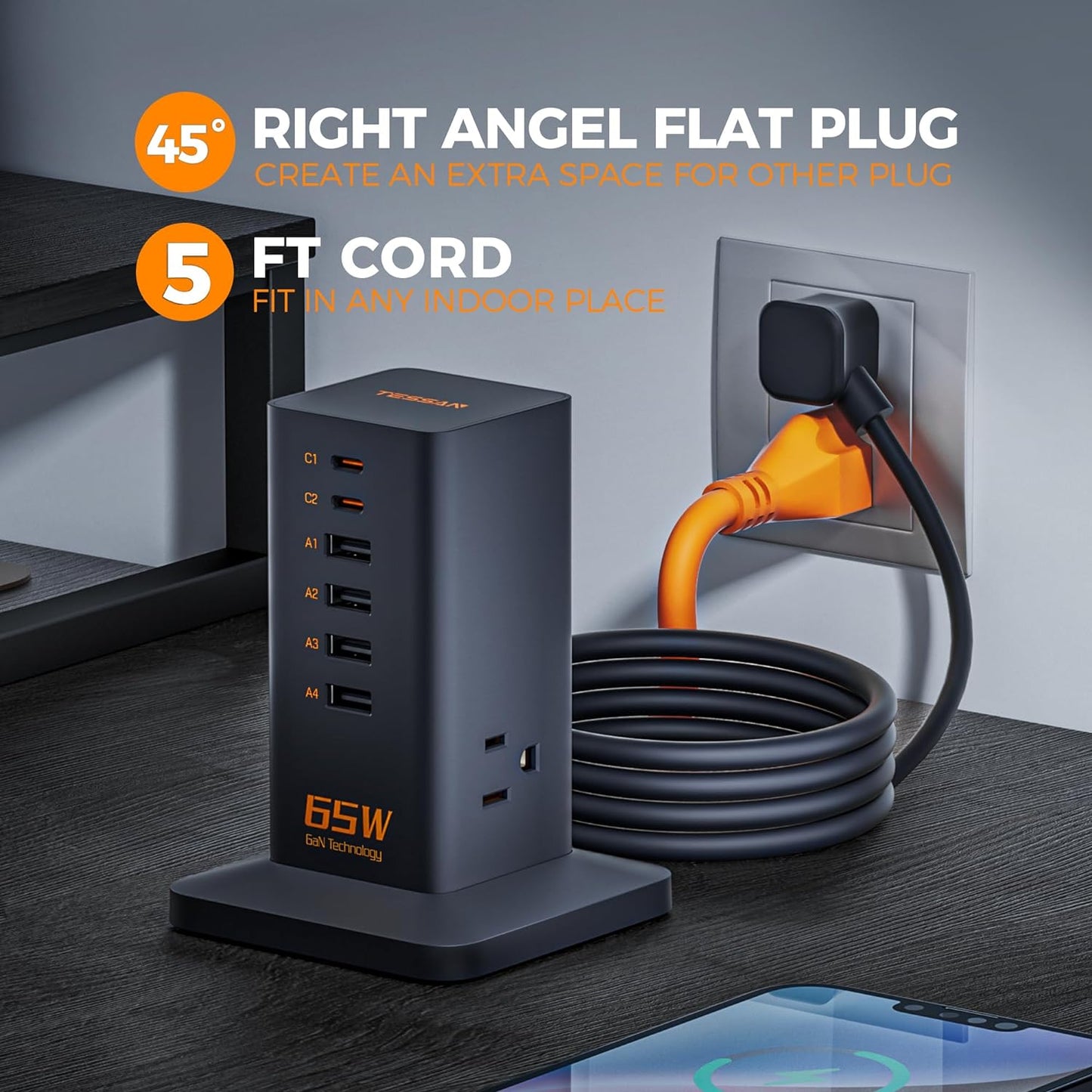 65W Multi-Device Charging Station: 6-Port GaN USB-C Charger with 3 Outlets for Phones, Tablets, and Travel Accessories