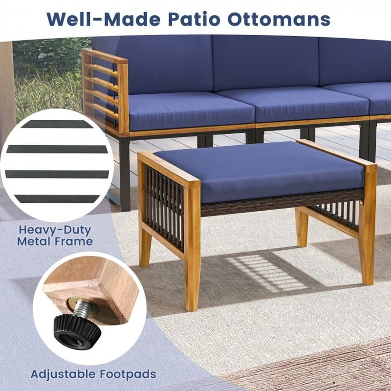 Acacia Wood Patio Ottomans with Cushions and Versatile Rattan Woven Footstools