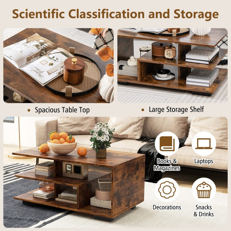 Rectangular Coffee Table Featuring L-Shaped Center Shelf