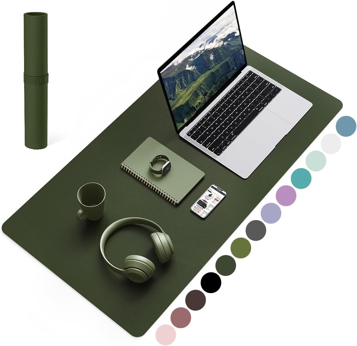 Non-Slip Waterproof PVC Leather Desk Pad, Ultra-Thin Large Mouse Pad, Easy-Clean Writing Mat (Olive Green, 31.5" x 15.7")