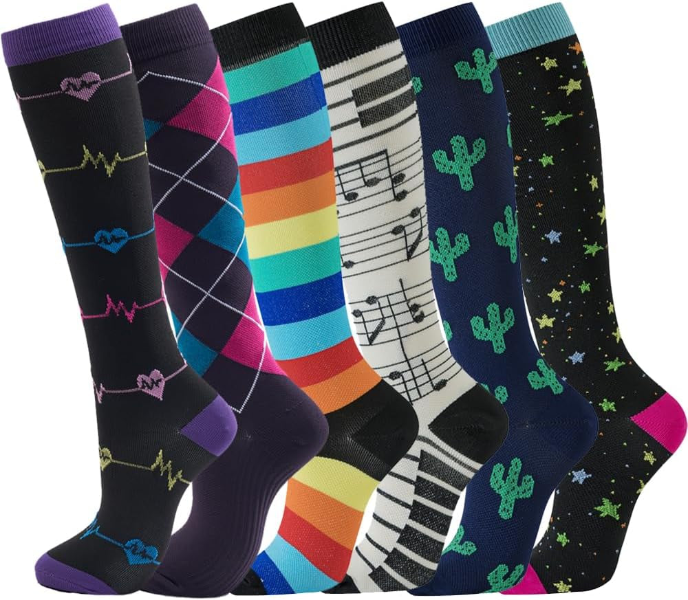 6 Pairs of Compression Socks for Men and Women - Optimal Support for Athletes and Travel Nurses (20-30 mmHg)